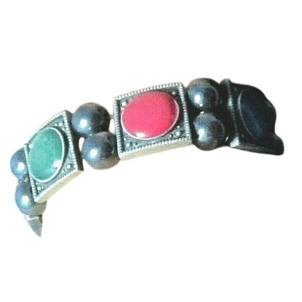 PRETTY‎ COLORFUL ENAMEL PANEL LINK SILVER BRACELET*CABOCHONS*ETCHED DETAIL